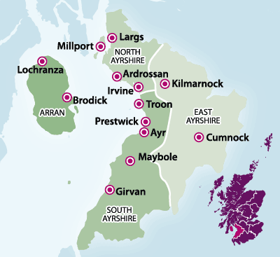 Mapa de la Región de Ayrshire y la Isla de Arran