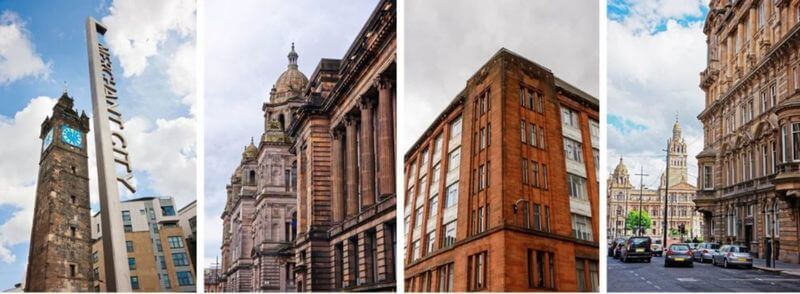 Edificios y monumentos en el barrio de Merchant City en Glasgow